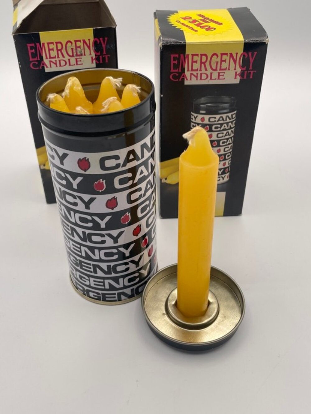 NOS Lot of 2-Vintage Emergency Candle Tin Kit w/7 Candles–Retro Survival/Camping
